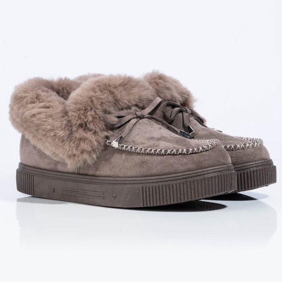 Taupe Fuzzy Slip-on Moccasin Slippers - Picture 5 of 11